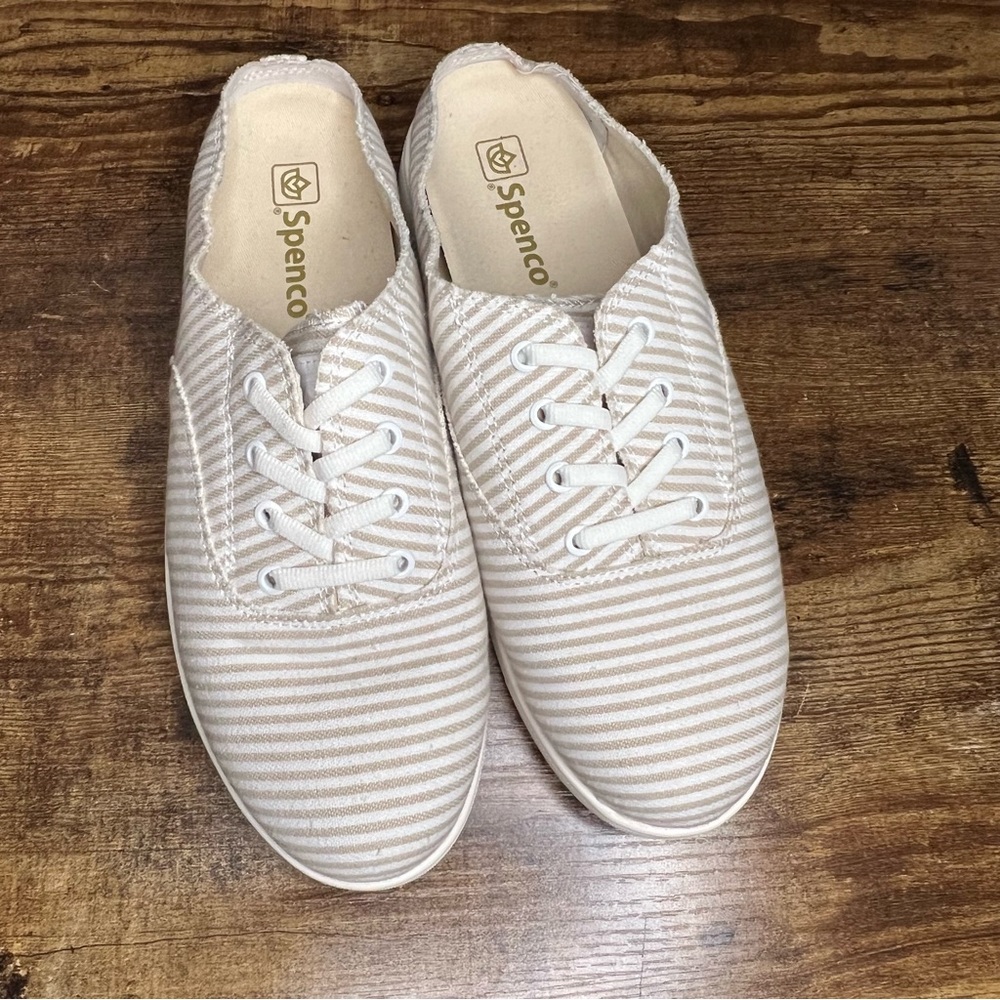 canvas mules slip on shoes tan white stripes Spenco Santa Rosa women's 9 - Picture 10 of 14